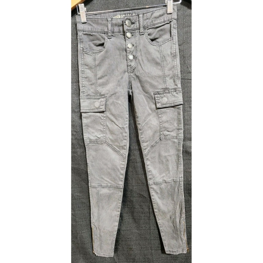 AMERICAN EAGLE Stretch Gray Button Fly ZIP Ankle HI-RISE JEGGING Moto Grunge New